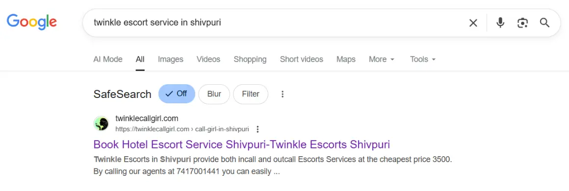 screenshot result keyword type on google 'twinkle escort service in Shivpuri'